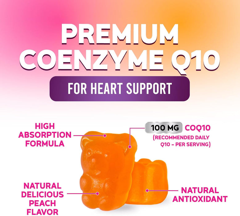 Nature's Nutrition CoQ10 Gummies 100mg – High Absorption Coenzyme Q10 Supplement for Heart Health, Energy & Antioxidant Support – Peach Flavor Gummy, Vegan, Non-GMO, Gluten Free – 60 Count