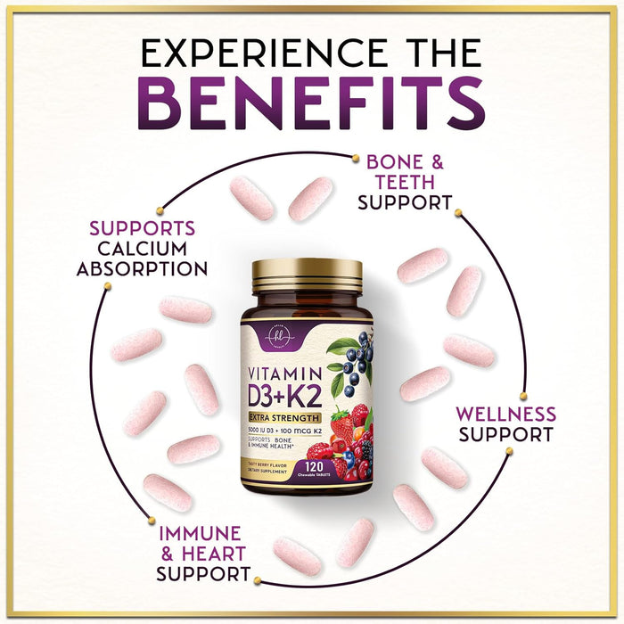 Vitamin D3 K2 - 5000 iu Vitamin D3 Per Serving Vitamin K2 (MK-7) Complex for Immune Support - Natural Bone, Teeth & Muscle Health Support - Berry Chewable, Gluten Free, Bottled in USA - 120 Tablets