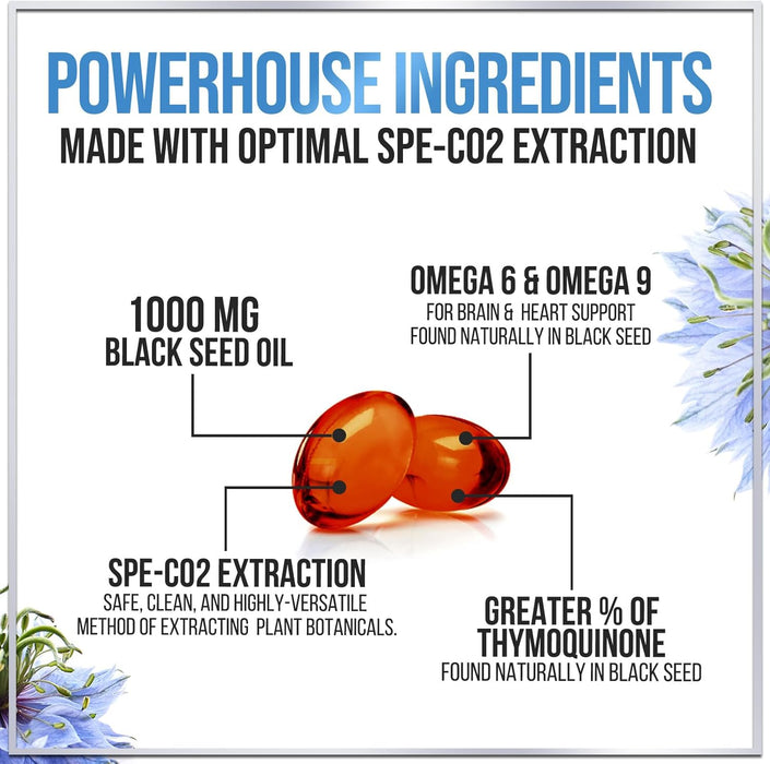 Premium Black Seed Oil Capsules - Extra Strength 1000mg - 100% Blackseed Oil for Immune Support & Skin Health (Non-GMO & Vegan) Pure Cold-Pressed Nigella Sativa Black Cumin Seed Oil