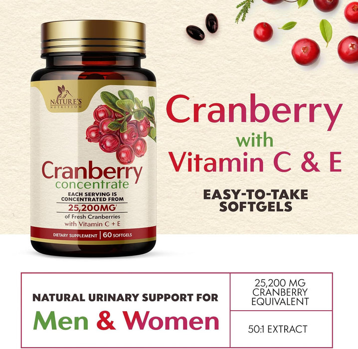 Cranberry Pills Supplement for Women & Men + Vitamin C & E - 25,200mg Formula for Urinary Tract Health Support, Non-GMO and Gluten Free, Nature's Cranberry Supplements