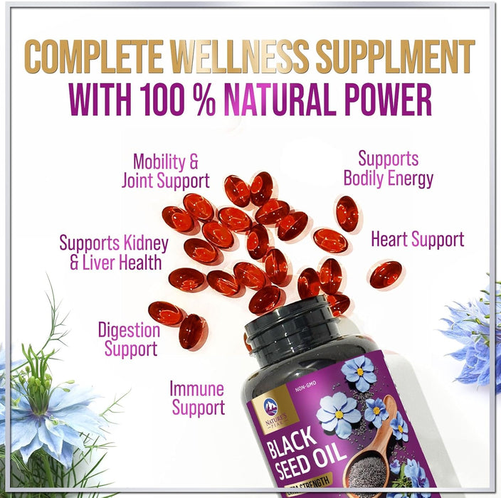 Black Seed Oil Softgels 1000mg - Premium Extra Strength Nigella Sativa Black Seed Oil, Pure Black Cumin Seed Oil for Hair, Skin, Brain Health & Immune Support, Non-GMO, Sugar & Gluten Free