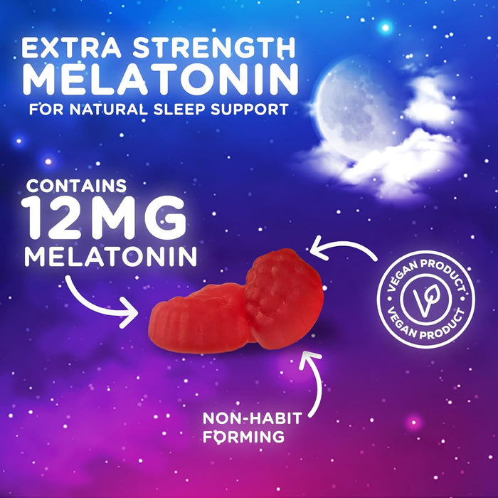 Melatonin Sleep Gummies - Extra Strength Sleep Gummy, 12 mg Melatonin, Natural Melatonin Gummy Sleeping Support Dietary Supplement for Adults, Vegan, Non-GMO, Natural Berry Flavor