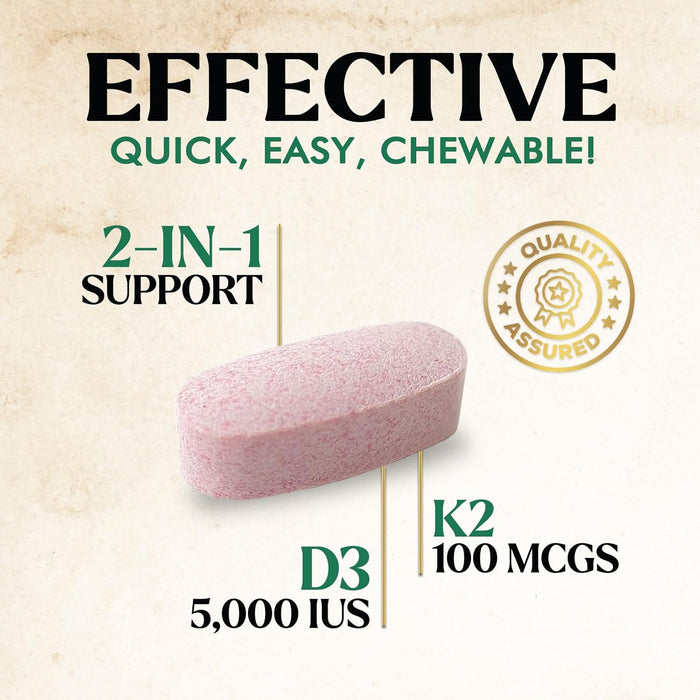 Vitamin D3 K2 Supplement | 5000 IU D3 + K2 100 mcg | MK-7 K2 with Vitamin D | Supports Immune, Heart, Teeth & Bone Health - Nature's Easy to Chew, VIT D3 K2, Non-GMO, Tasty Berry Flavor - 120 Tablets