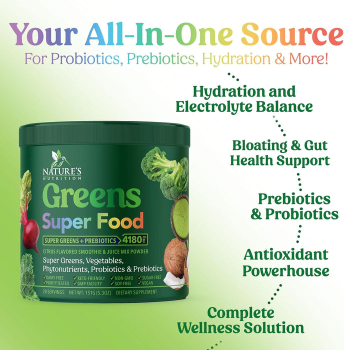 Greens Superfood Powder - Original Organic Super Greens Juice Powder - Packed with Probiotics, Wheat Grass, Enzymes, Spirulina, Chlorella for Digestive & Gut Health, Smoothie Drink Mix - 28 Servings