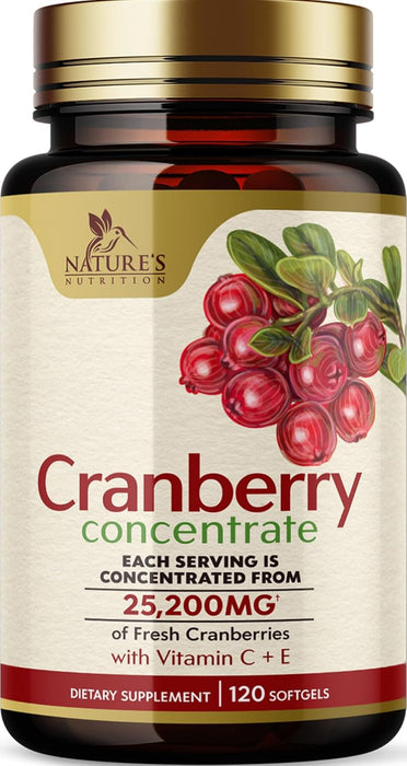 Cranberry Pills Supplement for Women & Men + Vitamin C & E - 25,200mg Formula for Urinary Tract Health Support, Non-GMO and Gluten Free, Nature's Cranberry Supplements