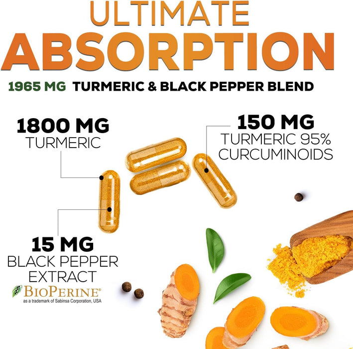 Turmeric Curcumin with BioPerine 95% Standardized Curcuminoids 1950mg - Black Pepper Extract for Max Absorption, Nature's Joint Support Supplement, Herbal Turmeric Pills, Vegan Non-GMO