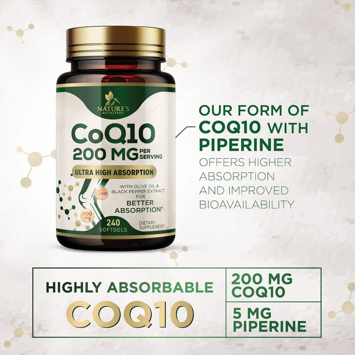 CoQ10 200mg Softgels - Extra Strength Coenzyme Q10 Supplement With Black Pepper Extract for Enhanced Absorption, CoQ10 Antioxidant Supplements for Heart Health & Cellular Energy Support - 240 Softgels