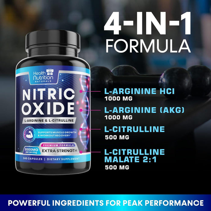 Health Nutrition Naturals HNN - Extra Strength Nitric Oxide Supplement L Arginine 3X Strength - Citrulline Malate, AAKG, Beta Alanine - Premium Muscle Support