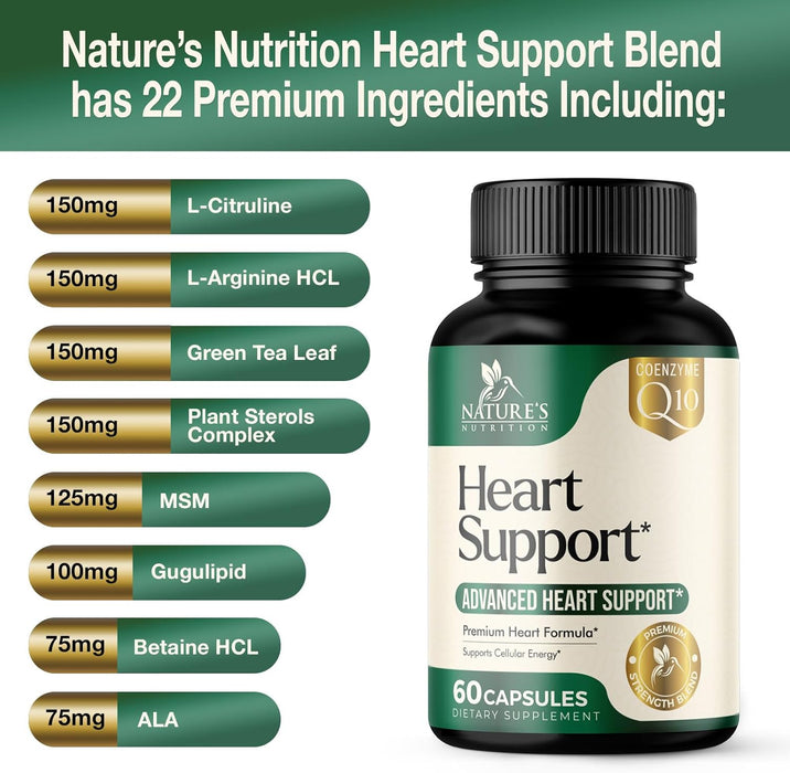 Heart Supplements 1650mg for Heart Health Support with CoQ10, L-Arginine, Magnesium, Hawthorn - 22 Natural Heart Vitamins & Extracts to Support Nitric Oxide & Energy Production, and More - 60 Capsules