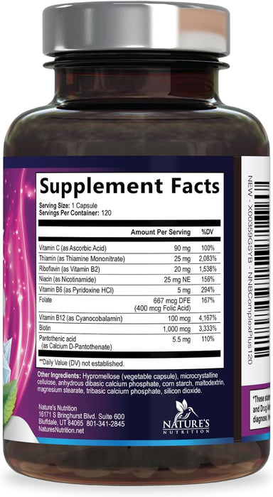 B Complex Vitamins Capsules with Vitamin B6 B12 B100 C Biotin Folate & Folic Acid – 120 Capsules