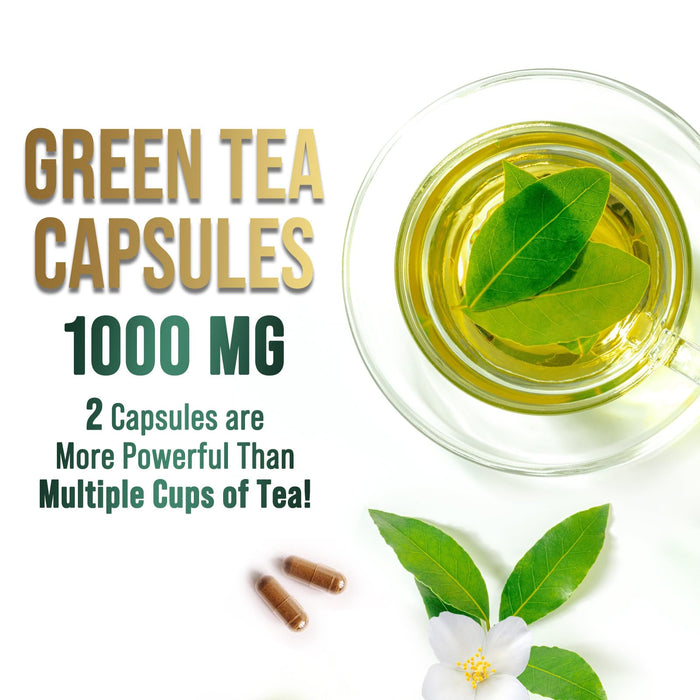 Green Tea Extract Capsules 1000mg with 98% Standardized Polyphenols & 45% EGCG for Heart Support with Antioxidants - 3X Absorption Green Tea Pills for Natural Energy, Gentle Caffeine - 240 Capsules