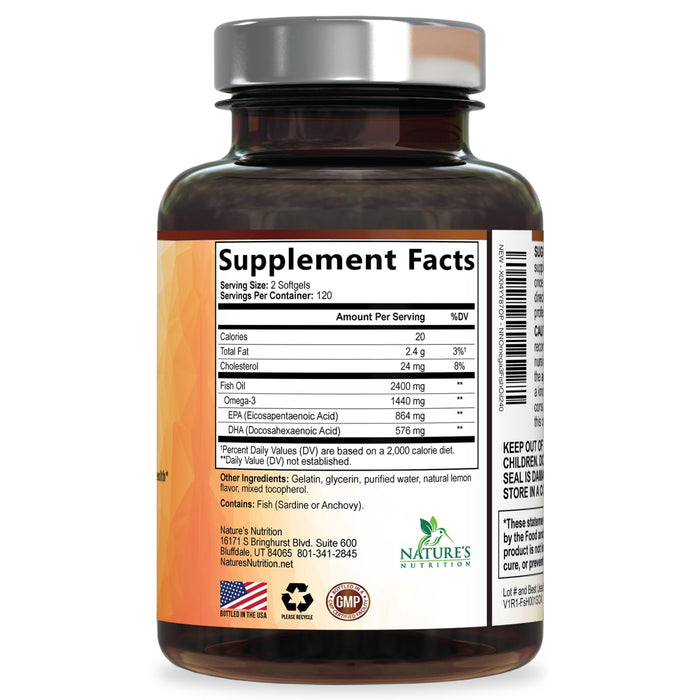 Omega 3 Fish Oil 2400 mg - Triple Strength EPA & DHA Fatty Acids for Heart, Brain & Joint Support Wild-Caught, Burpless, Lemon Flavor Supplement Natural, Non-GMO, Gluten-Free - 240 Softgels