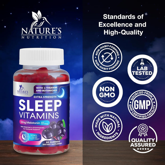 Sleep Vitamins - Fast Acting & Non-Habit Forming Sleep Gummy Supplement for Adults - Fall Asleep Naturally with 12mg Melatonin, Chamomile & Zinc, Restful Sleep & Muscle Support - 60 Gummies