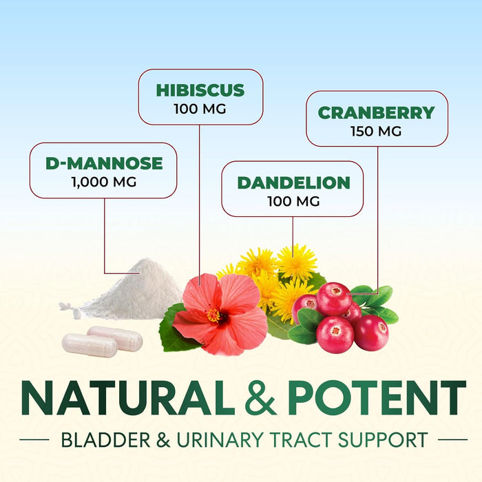 D-Mannose & Cranberry Extract 1350mg Advanced Formula, Fast-Acting Natural Urinary Tract Health Support for Women & Men, Flush Impurities in Urinary Tract & Bladder, Non-GMO, Vegan