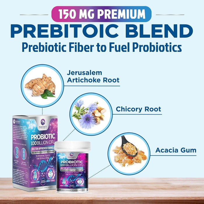 Probiotics 100 Billion CFU Supplement - 16 Strains + Natural Prebiotics - Digestive Health, Gut & Immune Support for Women & Men - Supports Occasional Constipation, Gas & Bloating