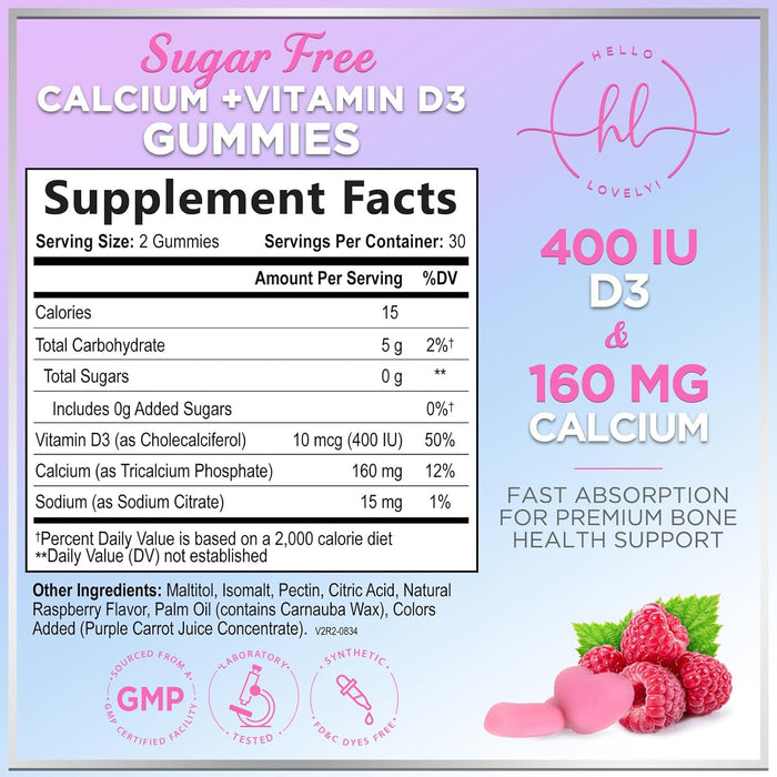Calcium Supplement Gummy for Women & Men - Sugar Free Calcium with Vitamin D3, Bone Health & Immune Support, Supports Teeth & Bone Strength, Vitamin Calcium Chews, Non-GMO - 60 Gummies
