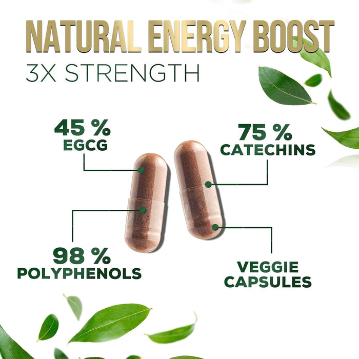 Green Tea Extract Capsules 1000mg 98% Standardized EGCG - 3X Strength for Natural Energy - Heart Support with Polyphenols - Gentle Caffeine
