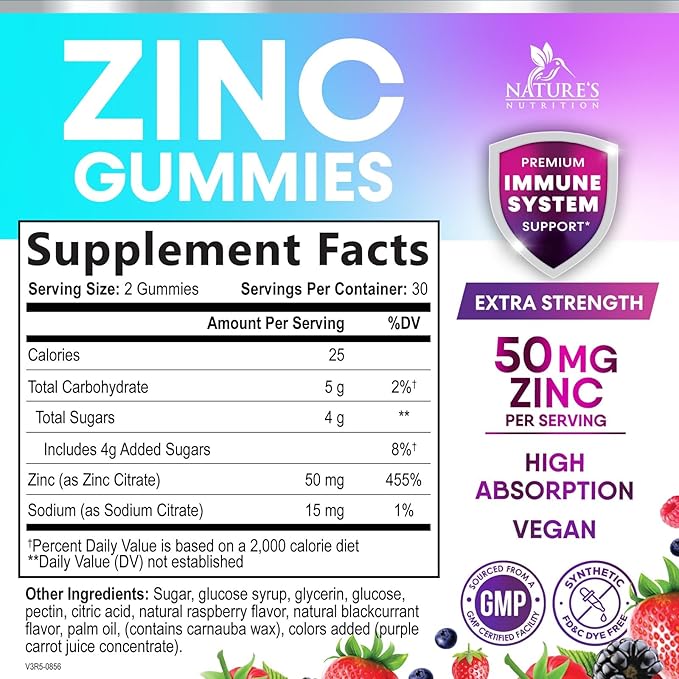 Zinc Gummies - 50mg - Extra Strength Immune Health Support Gummy & Antioxidant Supplement, Dietary Supplement Zinc Vitamin, Vegan, Non-GMO and Gluten Free Formula, Berry Flavor
