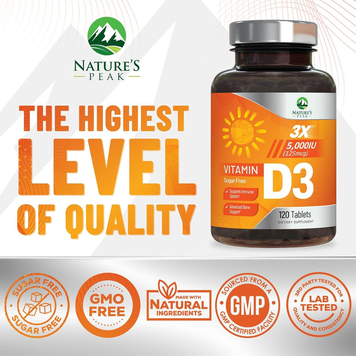 Vitamin D3 5000 IU (125 mcg) - High Potency Vitamin D Chewables for Bone, Teeth, Muscle & Immune Support, Sugar Free, Non-GMO, Gluten Free, Extra Strength Vitamin D Supplements