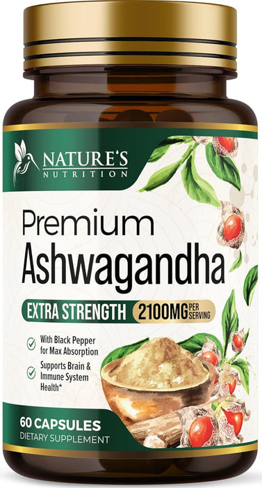 Nature's Nutrition Organic Ashwagandha Capsules Extra Strength 2100mg - Stress Support Formula - Natural Mood Support - Focus & Energy Support Supplement