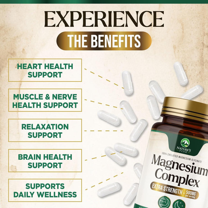 Magnesium Complex 500mg Supplement - Best Blend of Glycinate, Citrate, Malate & Oxide, Supports Sleep, Muscle, Bone & Heart Health, High Absorption, Chelated Magnesium Mineral Supplement, 120 Capsules