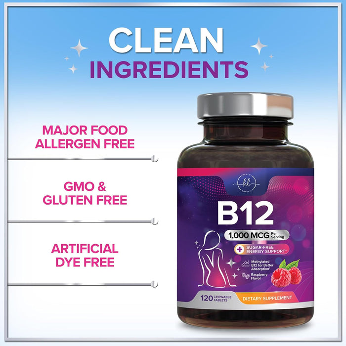 B 12 Vitamin Chewables 1000 mcg - B12 Complex with Heart & Nerve Energy Health Support - Vitamin B-12 Complex for Adults with Immune Health Support - Gluten & Dairy Free