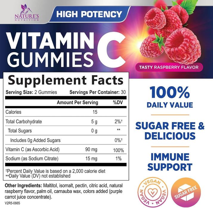 Sugar Free Vitamin C Gummies - Immune Support & Antioxidant Vitamin Dietary Supplement - Vegan, Non-GMO, Dairy & Gluten Free C Gummy Vitamins - Raspberry Flavor for Kids & Adults