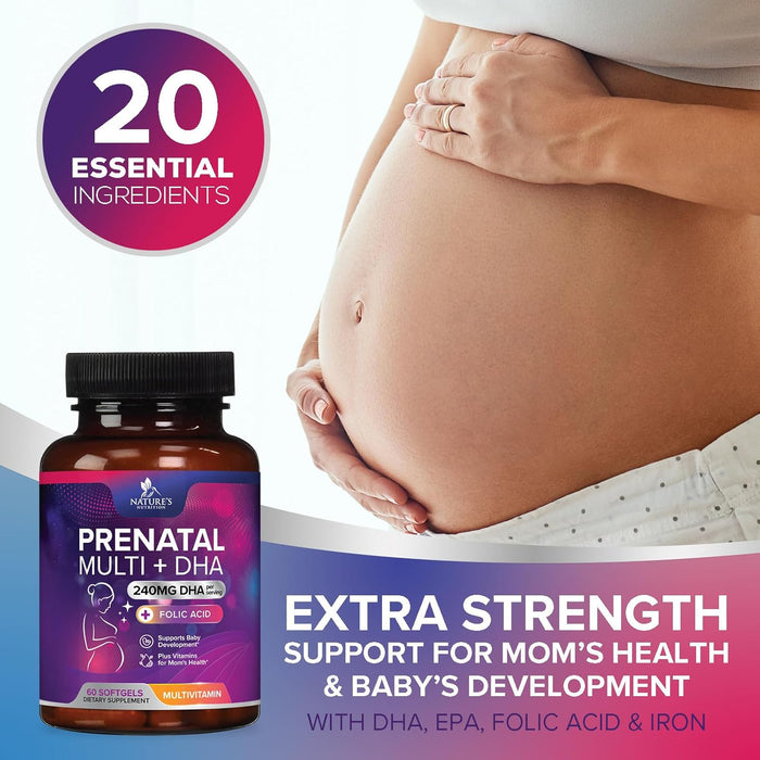 Women's Prenatal Multivitamin with Folic Acid & DHA, Prenatal Vitamins w/ Folate, Omega 3, Vitamins D3, B6, B12 & Iron, Pregnancy Support Prenatal Supplement, Non-GMO Gluten Free