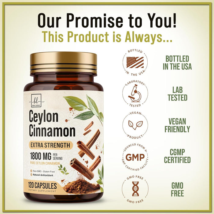 Ceylon Cinnamon Capsules Supplement 1800mg - Certified Organic Ceylon Cinnamon Powder Pills - Energy & Heart Support for Women & Men, Bottled in USA, Antioxidant, Gluten Free, Non-GMO - 120 Capsules