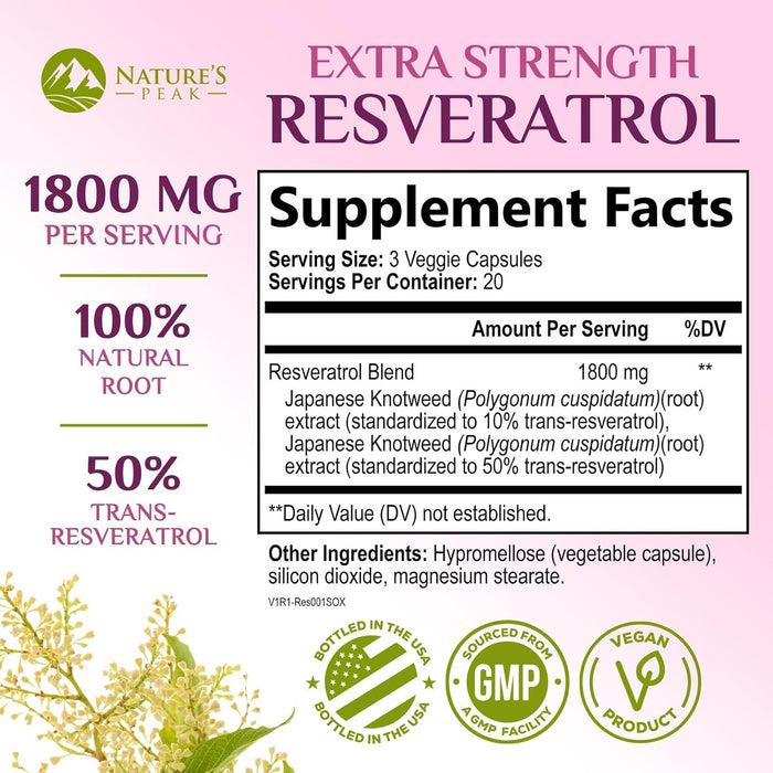 100% Natural Resveratrol 1800mg - 3X Strength Trans-Resveratrol Pills for Heart Health, Best Resveratrol Supplements, Potent Polyphenols Antioxidant Complex, Non-GMO, Bottled in USA - 60 Capsules