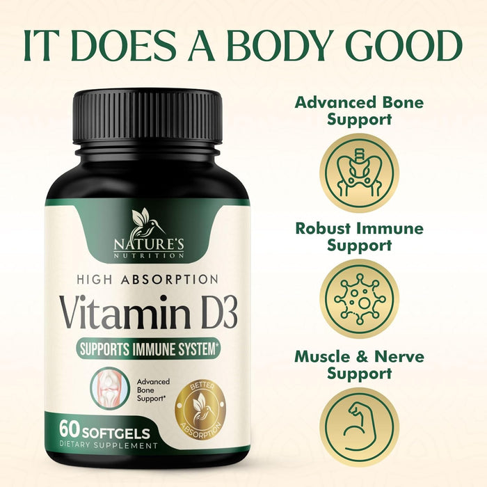 Vitamin D3 5000 IU (125 mcg) - High Potency Vitamin D-3 Supplement (2 Month Supply) for Bone, Teeth, Muscle and Immune Health Support - Dietary Supplement, Gluten Free, Non-GMO - 60 Softgels