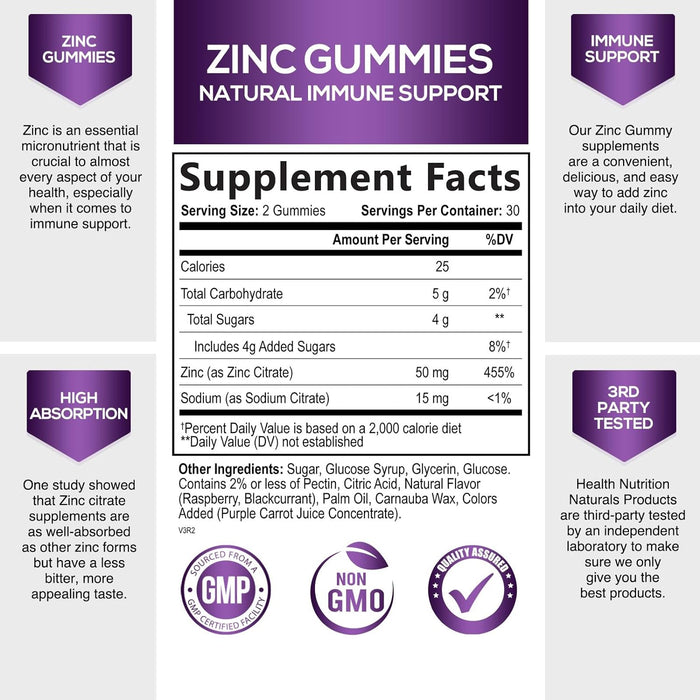 Zinc Gummies 50mg, Max Strength Immune Support for Adults, Zinc Supplement Gummy for Beautiful Skin & Immune Health Support, Nature’s Antioxidant Zinc Supplements, Vegan, Non-GMO - 60 Gummies