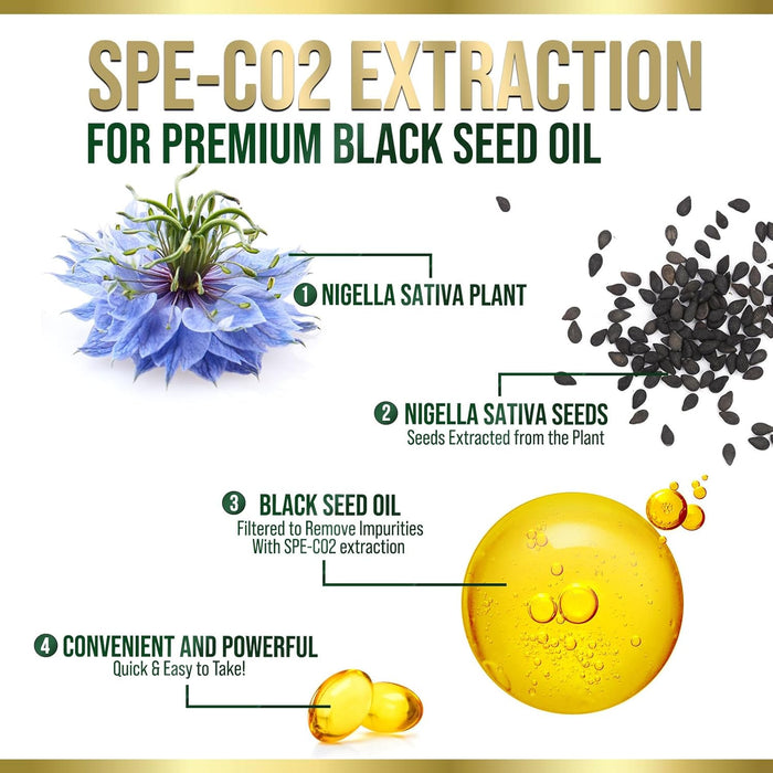 Premium Black Seed Oil Capsules Vegan Cold-Pressed 1000mg - Extra Strength Nigella Sativa Black Seed Oil, Nature's Pure Black Cumin Seed Oil for Immune, Hair and Brain Support, Non-GMO