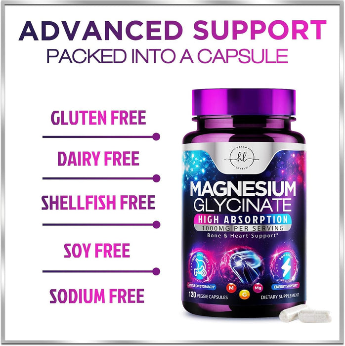 Magnesium Supplement for Women & Men - 140mg Total Magnesium from 1000mg Magnesium Glycinate to Support Muscle, Nerve, Bone & Heart Health - Natural, Vegan, High Absorption & Chelated