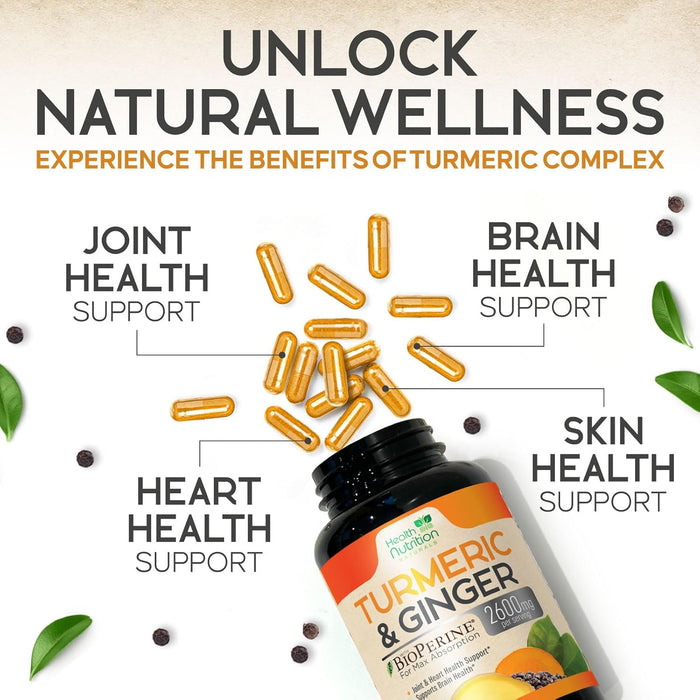 Health Nutrition Turmeric Curcumin 2600mg with Ginger & Black Pepper - 95% Standardized Curcuminoids, BioPerine for Max Absorption, Herbal Supplement for Joint Support, Tumeric Extract