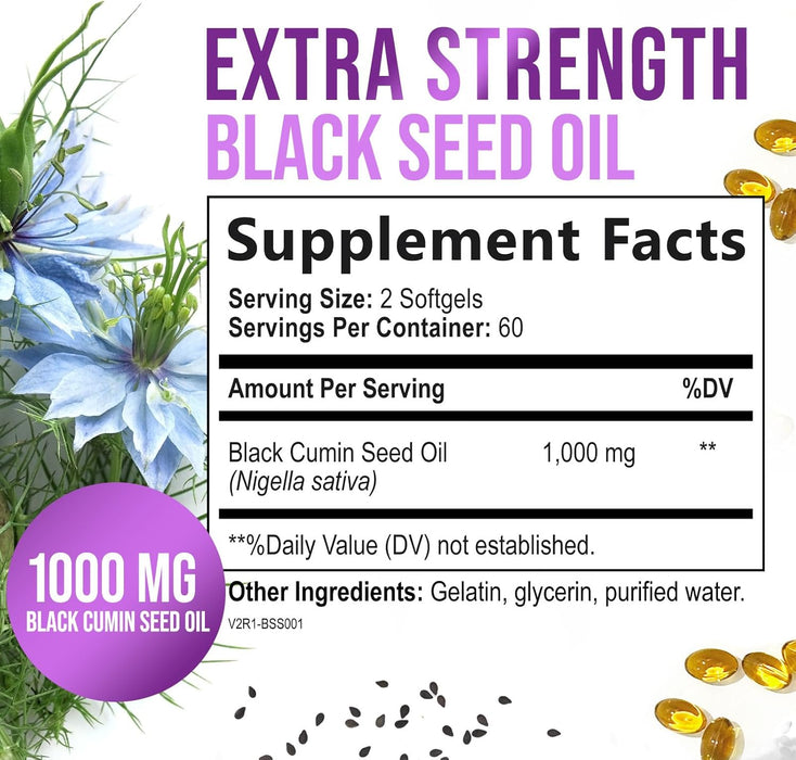 Black Seed Oil - 100% Cold Pressed Blackseed Oil, Vegan 1000mg - Extra Strength Nigella Sativa for Joint, Hair, Skin & Immune Support, Pure Black Cumin Seed Oil Antioxidant, Non-GMO - 60 Capsules