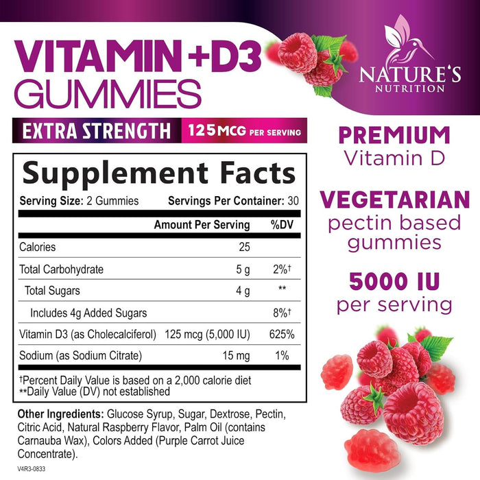 Vitamin D3 Gummies 5,000 IU Extra Strength 125 mcg D3 Supplement Gummy - Support Natural Bone, Muscle, & Immune Health - Gluten Free - Non-GMO - Nature's Raspberry Flavor