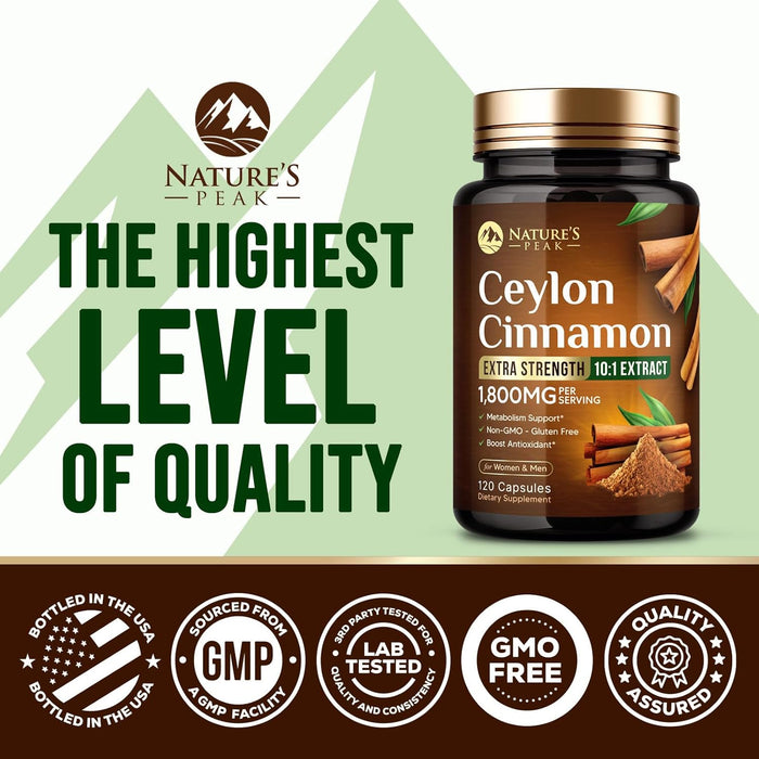 Organic Ceylon Cinnamon Capsules 1800mg - 3X Strength, Certified Organic Ceylon Cinnamon Powder Supplement - Metabolism Support, Antioxidant Pills, Gluten Free, Non-GMO, Bottled in USA - 120 Capsules
