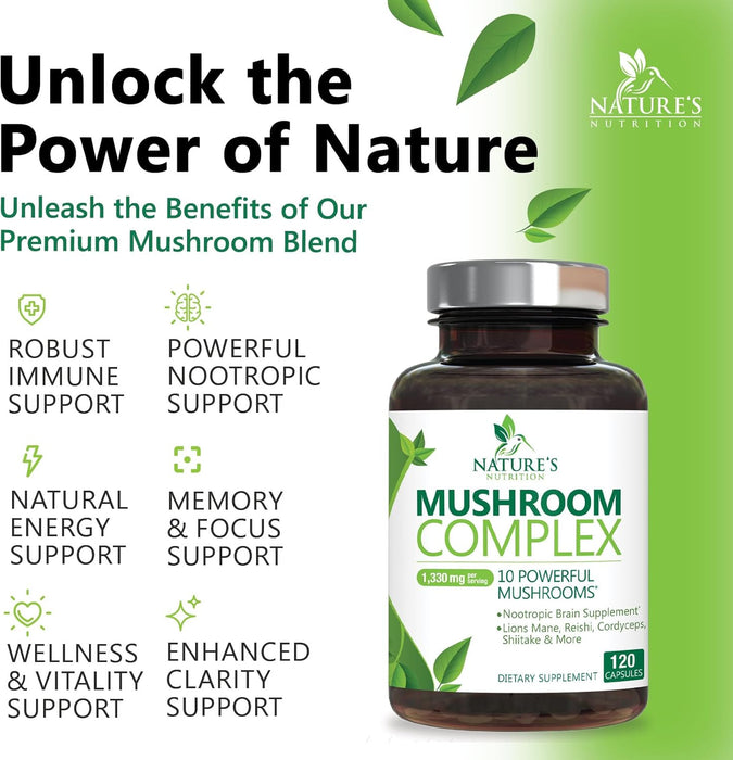 Mushroom Supplement - 10 Mushroom Complex Blend - Lions Mane, Reishi, Turkey Tail, Chaga, Cordyceps, Shiitake, Maitake - Nootropic Brain Supplement, Memory, Focus, Immune Health Support