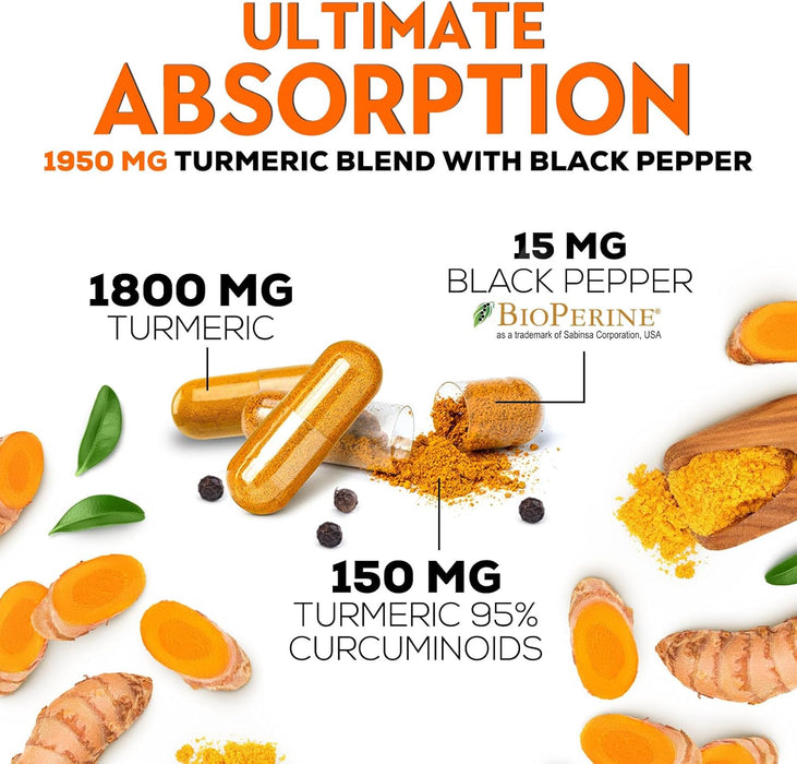 Turmeric Curcumin with BioPerine 1950mg, 95% Standardized Curcuminoids - Black Pepper for Max Absorption, Herbal Joint Support, Nature's Tumeric Extract Supplement Non-GMO