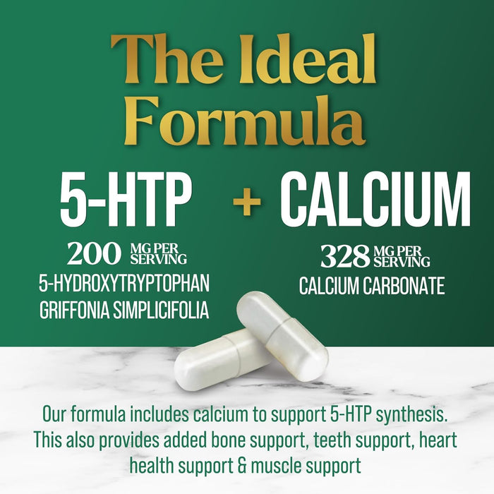 5 HTP 200mg Capsules Vegetarian Supplement - 5HTP Plus Calcium for Brain Support - Extra Strength Griffonia Simplicifolia 5-HTP Formula - 5 Hydroxytryptophan - Gluten Free & Non-GMO - 60 Capsules