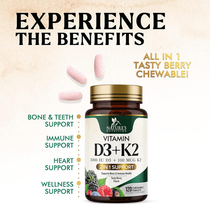 Vitamin D3 K2 Supplement | 5000 IU D3 + K2 100 mcg | MK-7 K2 with Vitamin D | Supports Immune, Heart, Teeth & Bone Health - Nature's Easy to Chew, VIT D3 K2, Non-GMO, Tasty Berry Flavor - 120 Tablets