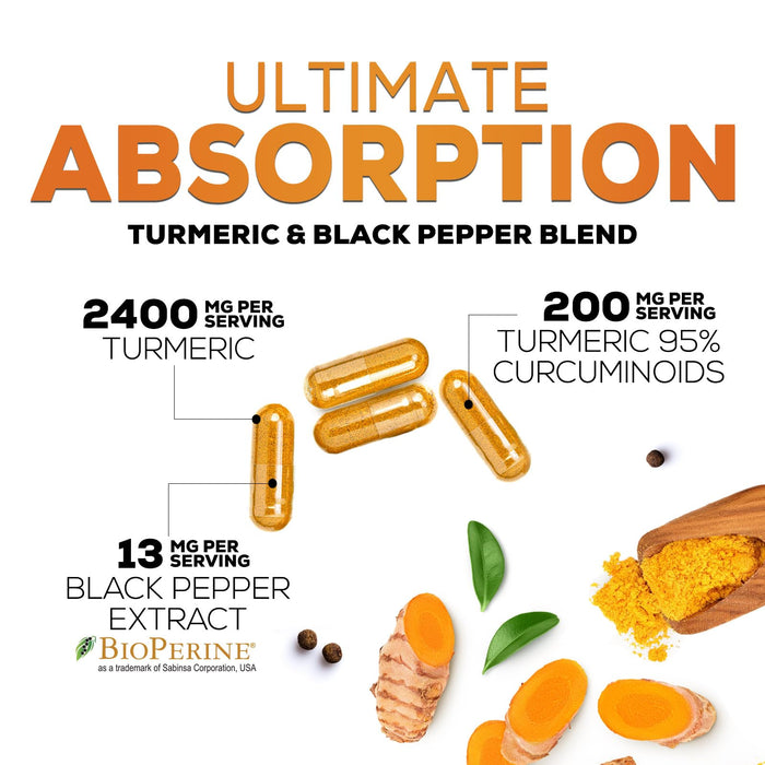 Turmeric Curcumin with BioPerine 95% Curcuminoids 2600mg with Black Pepper for Absorption – 120 Capsules