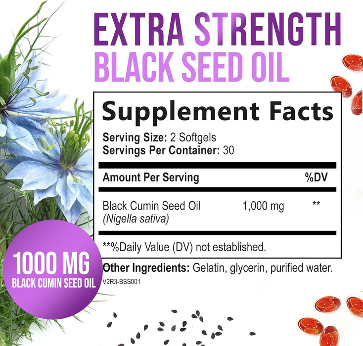 Black Seed Oil - 100% Cold Pressed Blackseed Oil, Vegan 1000mg - Extra Strength Nigella Sativa for Joint, Hair, Skin & Immune Support, Pure Black Cumin Seed Oil Antioxidant, Non-GMO - 60 Capsules
