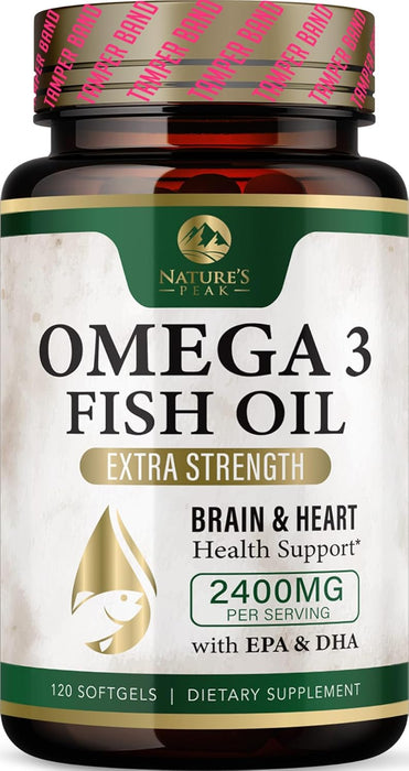 Nature's Peak Fish Oil 2400 mg - Triple Strength Fish Oil Supplement, Omega 3 Fish Oil w/EPA & DHA Fatty Acids for Healthy Heart Support, Burpless Omega 3 Supplements