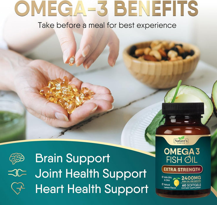 Triple Strength Omega 3 Fish Oil 2400 mg Softgels, Nature's Fish Oil Supplements, Brain & Heart Health Support - EPA & DHA, 1200 MG Fish Oil in Each Softgel, Omega-3 Supplement Softgels
