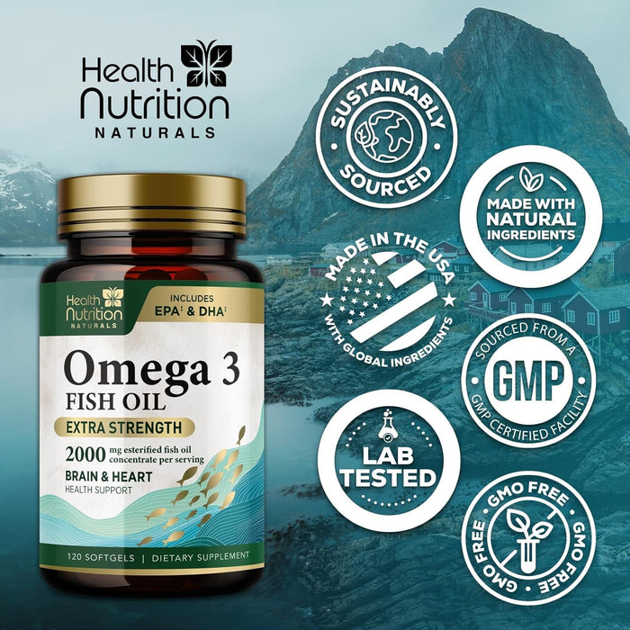 Triple Strength Omega 3 Fish Oil 2000 mg Softgels, Nature's Fish Oil Supplements, Brain & Heart Health Support - EPA & DHA, 1000 MG Fish Oil in Each Softgel, Omega-3 Supplement