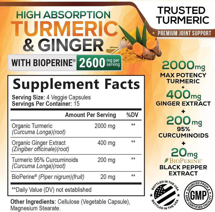 Turmeric Curcumin with BioPerine & Ginger 95% Standardized Curcuminoids 2600mg Black Pepper for Max Absorption Joint Support, Nature's Tumeric Herbal Extract Supplement, Vegan, Non-GMO