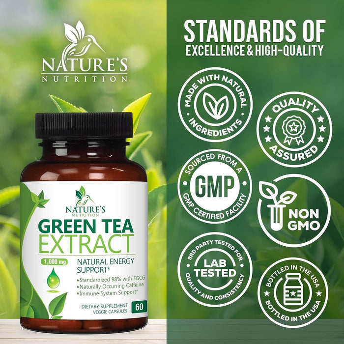 Green Tea Extract Capsules 1000mg 98% Standardized EGCG - 3X Strength for Natural Energy - Heart Support with Polyphenols - Gentle Caffeine
