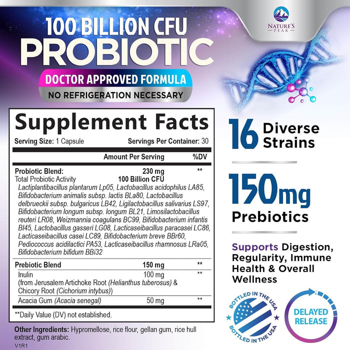 Probiotics 100 Billion CFU Supplement - 16 Strains + Natural Prebiotics - Digestive Health, Gut & Immune Support for Women & Men - Supports Occasional Constipation, Gas & Bloating